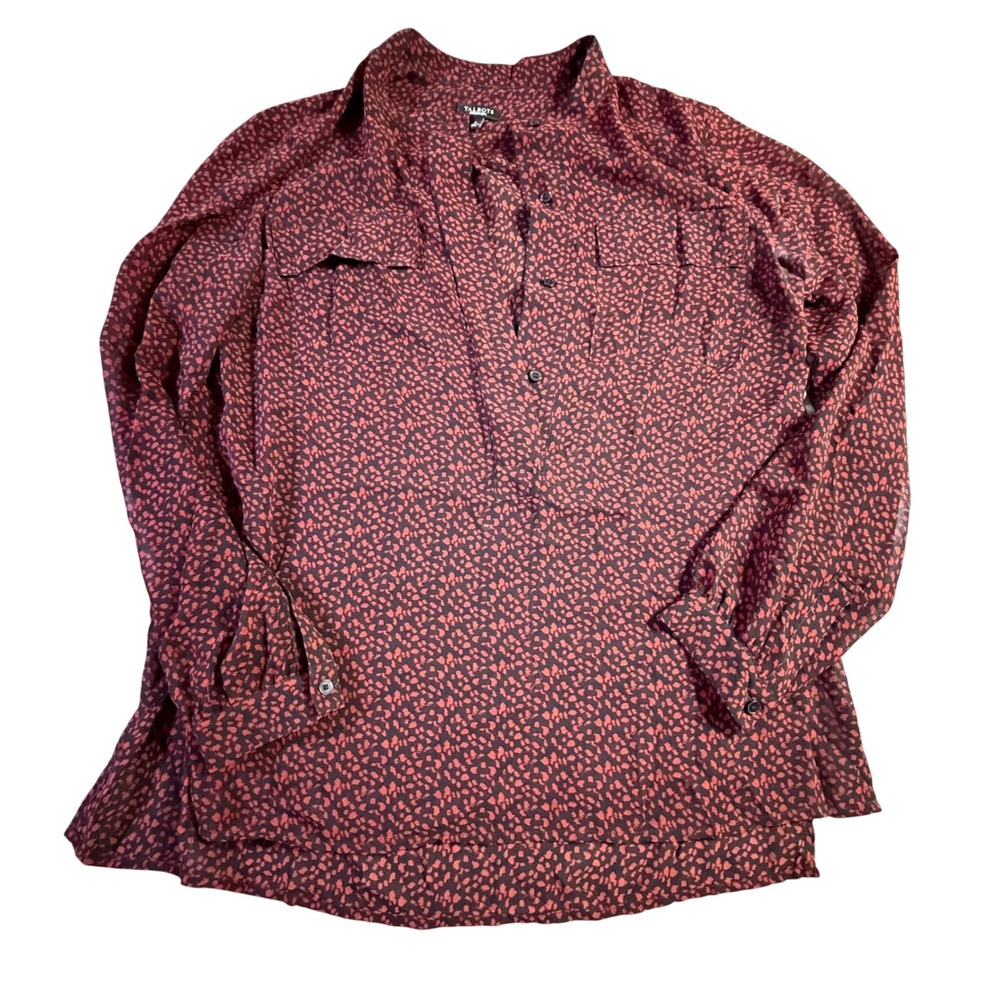 Talbots Womens Red Black Abstract Animal Print Button Down Blouse Size 4